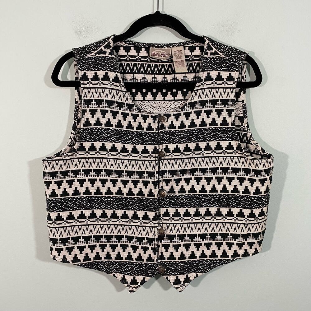 Austin Harris Black & White Aztec Tapestry Knit Western Button Up Vest Size M